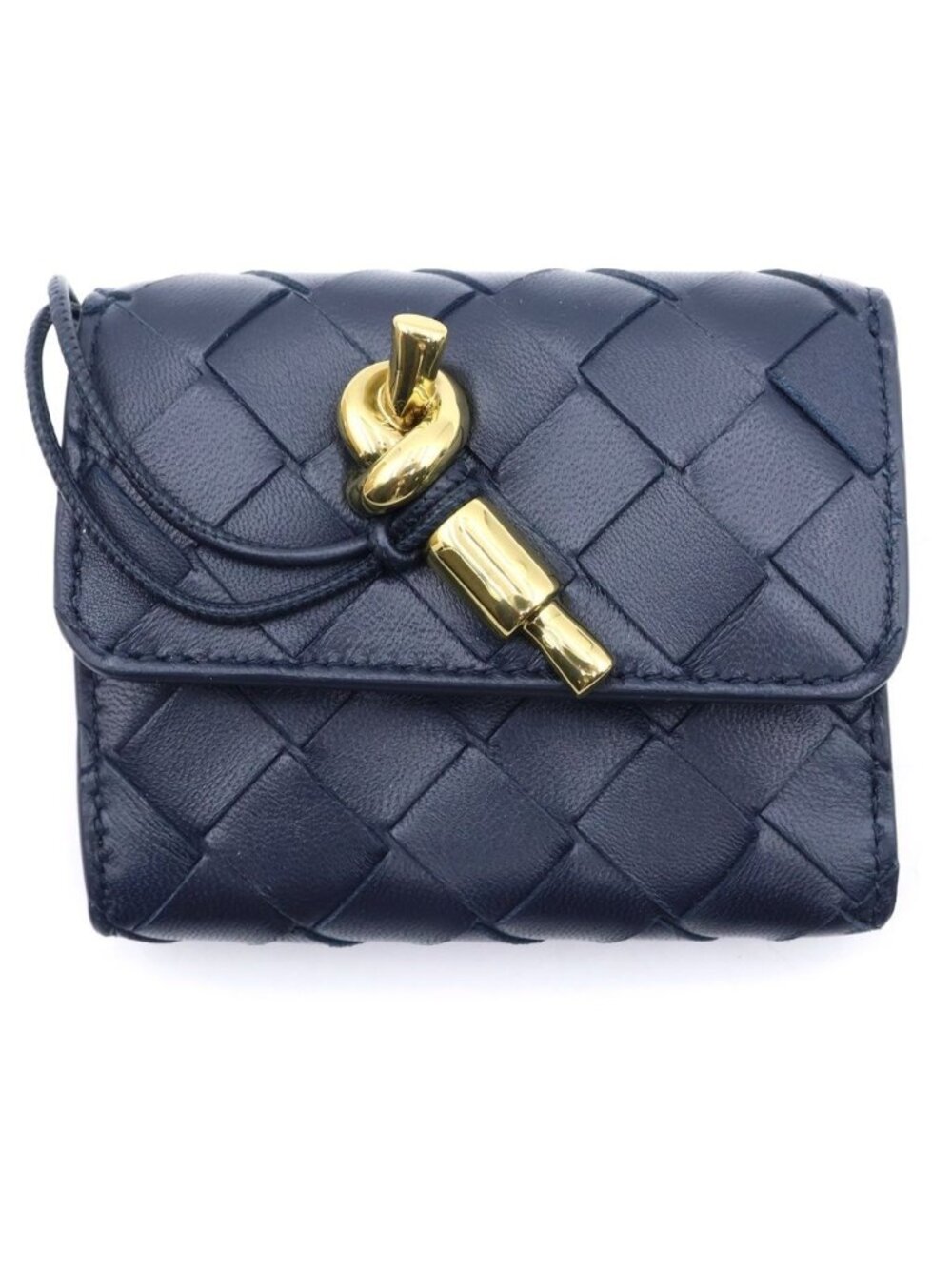 Bottega Veneta Intrecciato Andiamo Trifold Wallet Compact Zip Navy Leather
